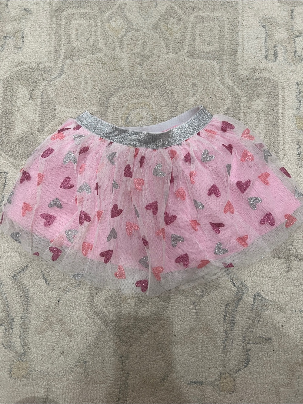 Girls Pink Heart-Print Tulle Skirt with Silver Elastic Waistband